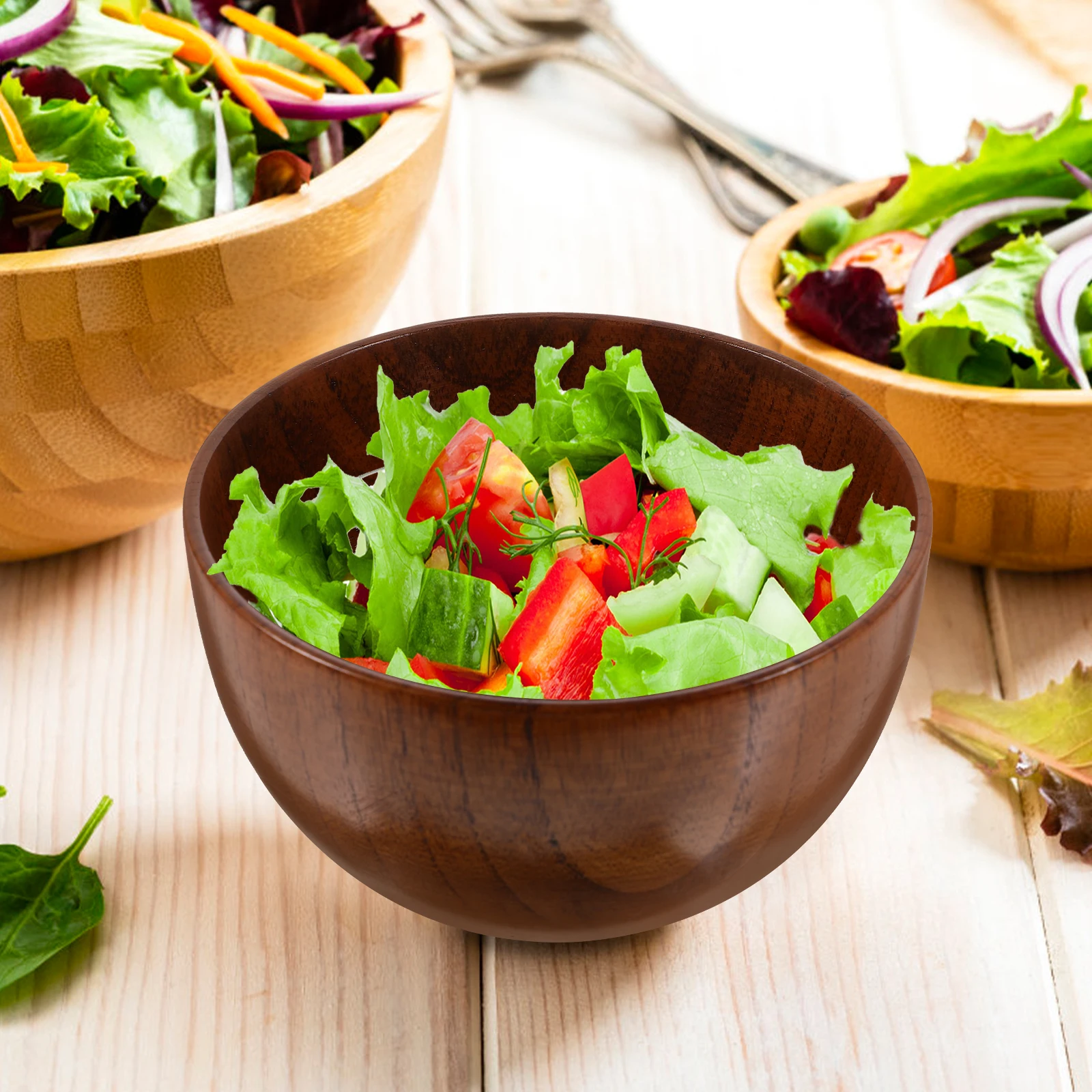 

1pcs Wooden Bowl Large Capacity Smooth Heat Resistant For Salad Fruit Dessert Serving Bowls Kitchen Storage Wooden Bowls