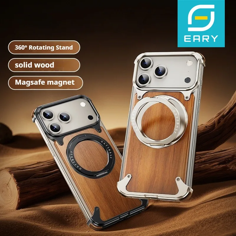 

Деревянный чехол для телефона Eary для iPhone 17 Pro Max 17, противоударный магнитный магнитный чехол Magsafe с 360° ° Корпуса для беспроводной зарядки с вращающейся подставкой