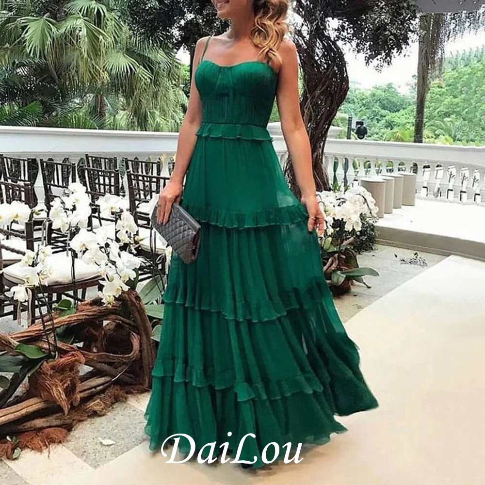 Vestido de tul verde con tirantes finos para mujer, elegante vestido de noche sin mangas, Sexy, largo, plisado, con volantes, para graduación y graduación