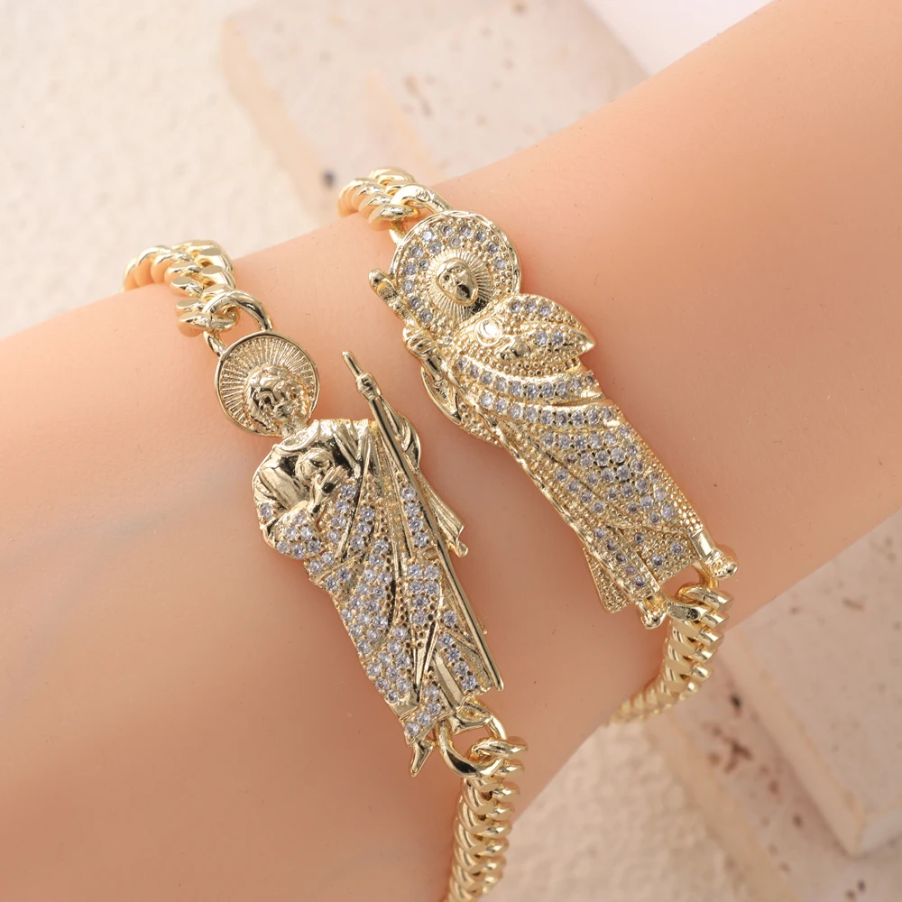 Shengroolin New Arrival Gold Plated Statue Santa Muerte Hiphop Rhinestone Christian Chain Brass Zircon Charm Bracelet