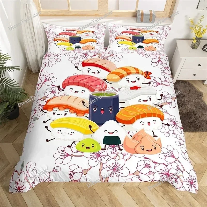 Ink Painting Duvet Cover Japanese Style Mount Fuji Comforter Cover Red Cherry Blossoms Print Bedding Set for Adults Teens Girls