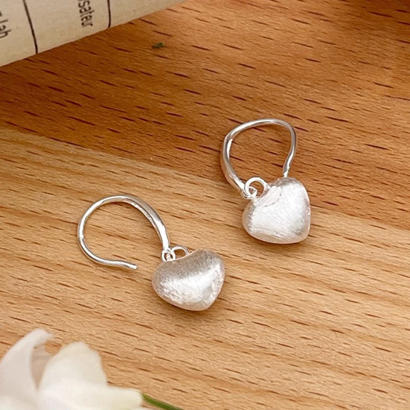 Silver Color Trendy Minimalist Brushed Heart Ear Hook Stud Earrings for Charming Women Fashion Jewelry Party Accessories