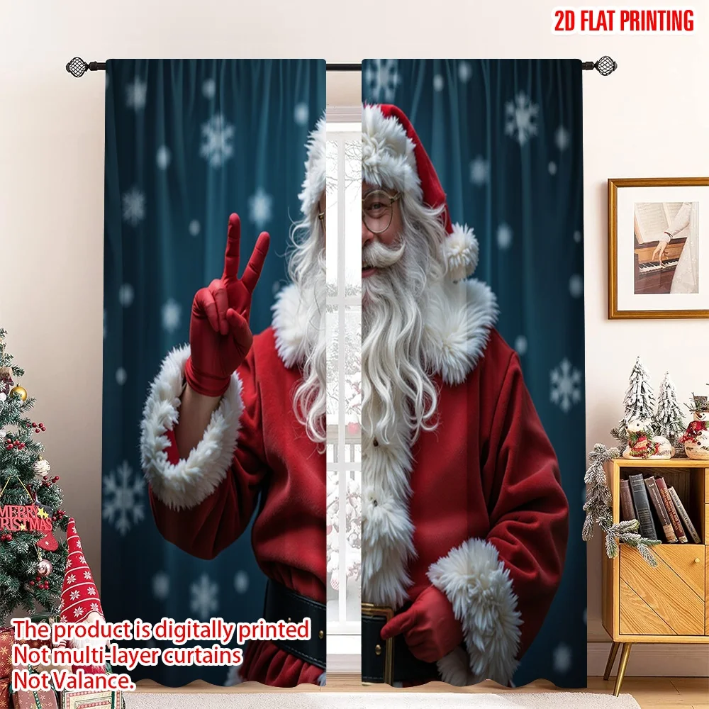

2pcs 2D flat printing Merry Christmas Popular Window Drapes Santa Claus Shhh Pose 100% Polyester Without Electricity Festive