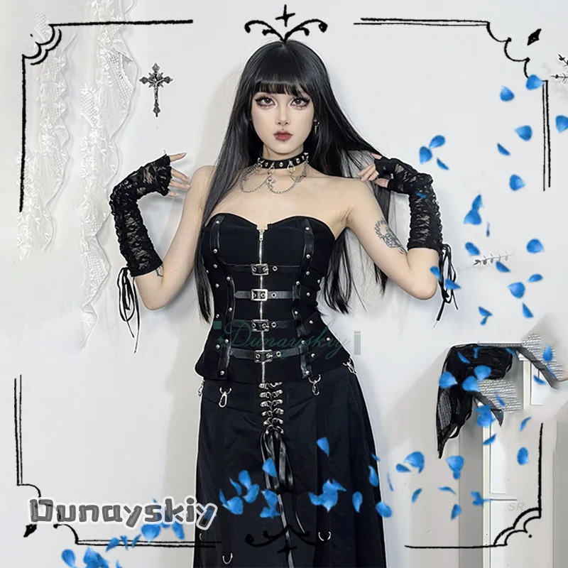 

{Yumekiri}Черный корсет на шнуровке, костюм для косплея, женский готический корсет, платье, комплект на Хэллоуин для женщин и девочек, полный комплект, готическая одежда