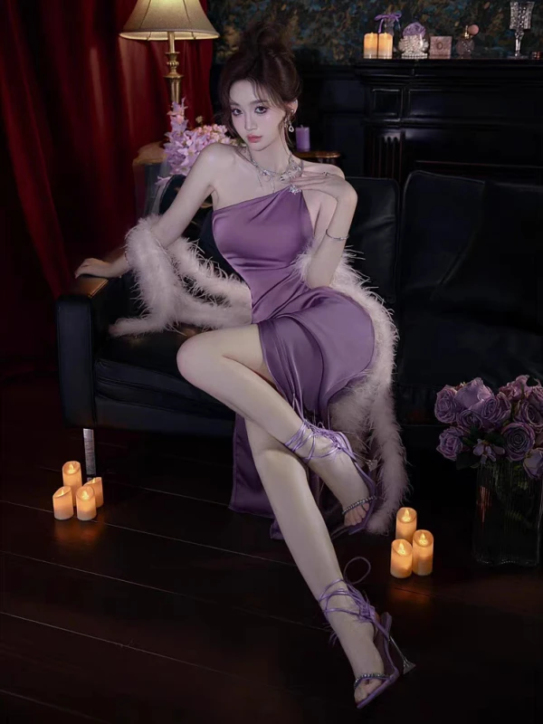 

2025 New Purple Sexy Gown Women's Single Shoulder Strap Photography Dress Studio Portrait Clothing Stage Performance Outfit