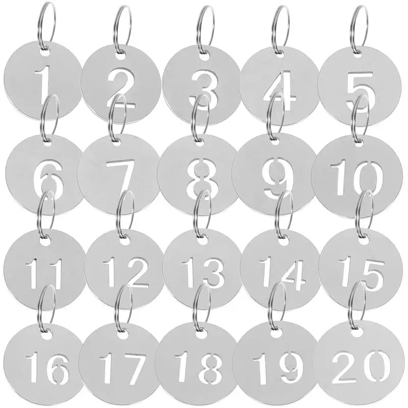 20pcs Numbered 1-20 Key Tags Stainless Steel ID Tags Silver Luggage Tag Labels Round Number Cards Locker Tag Ring Labels Pendant