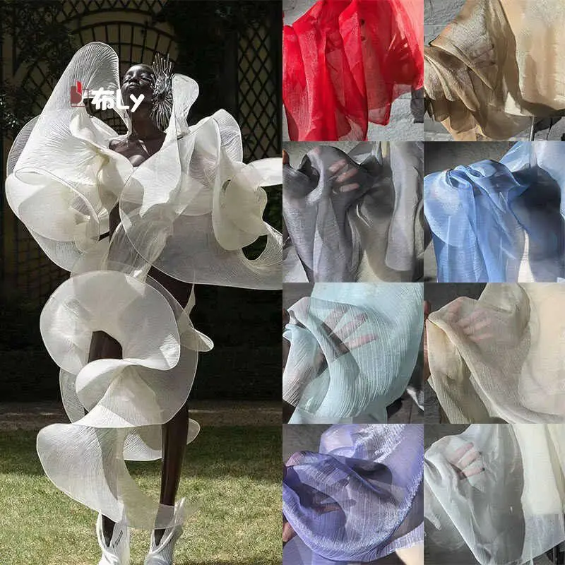 Silver Silk Wrinkle Pleated Shiny Mesh Fabric, Vintage Style For Hanfu, Dress, DIY Clothing, High-End Designer Apparel Material