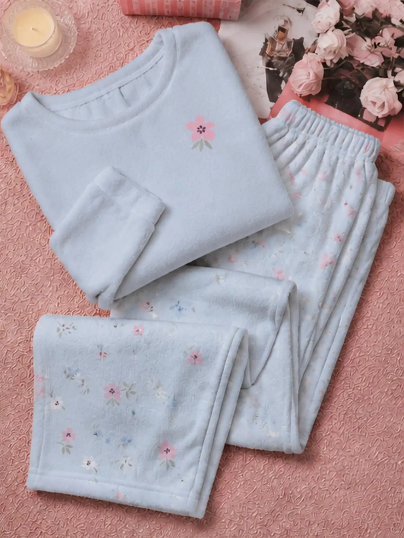 Women Plus Size Coral Fleece Pajama Set Light Blue Small Floral Print Long Sleeve Top & Pants Warm Winter Home Sleepwear