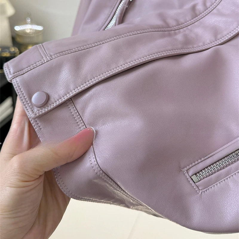 Chaqueta de cuero corta para mujer, chaqueta informal de cuero PU con cuello levantado y temperamento, chaquetas de motocicleta sólidas para primavera 2025