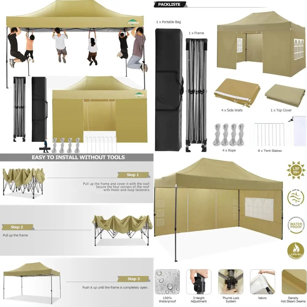 

Heavy-Duty 10x15 Pop-Up Canopy with 4 Sidewalls, UPF 50+, All-Season Waterproof for Outdoor Weddings and Parties