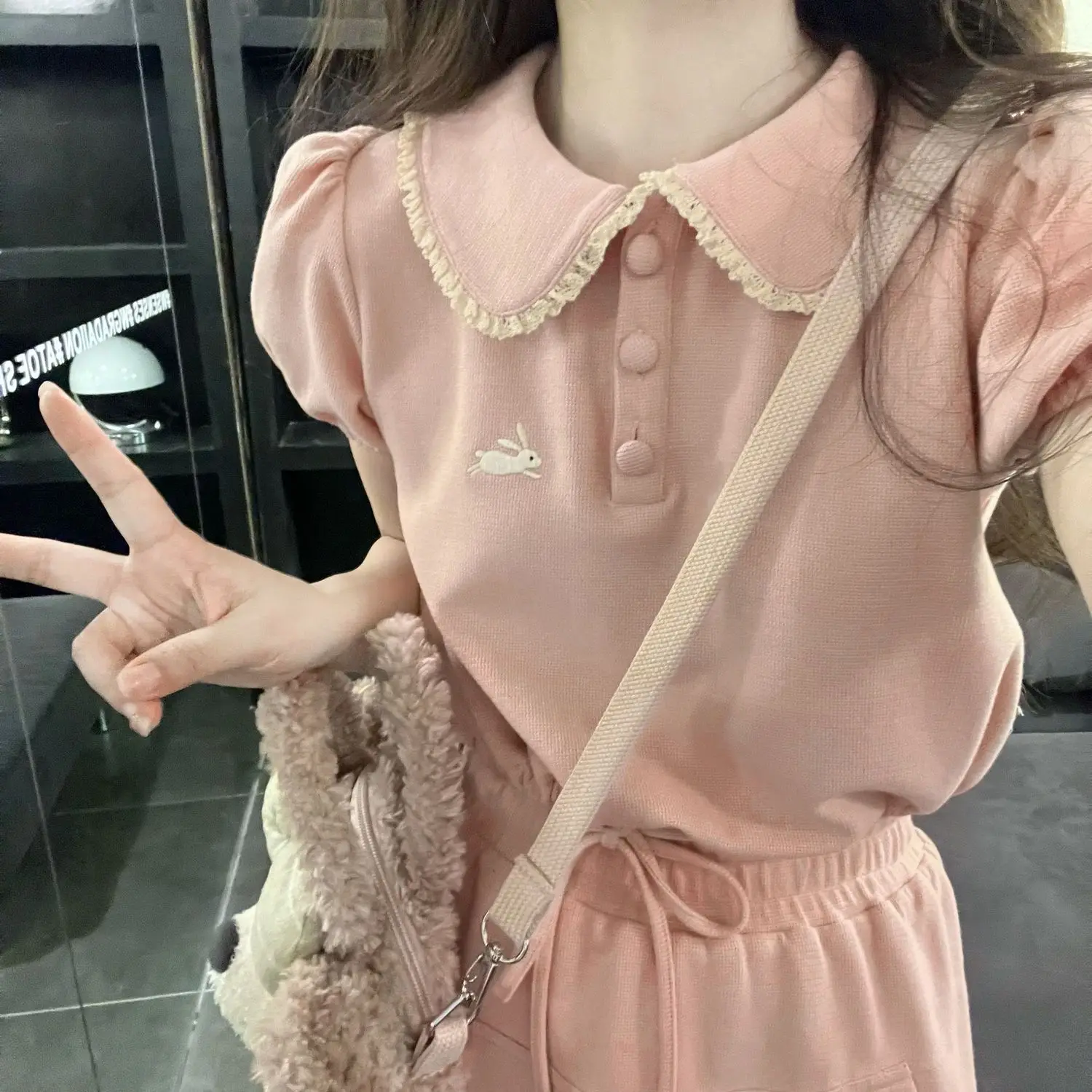 Gaganight Women Pink Doll Neck manica a sbuffo Set a due pezzi 2024 Summer New Korean Academy Style Cute manica corta Top gonna corta