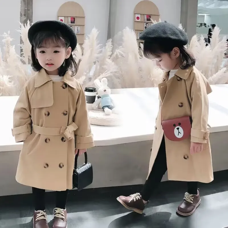 Trench per bambina primaverile e autunnale nuovo cappotto lungo alla moda per bambini giacca a vento per ragazza media lunga