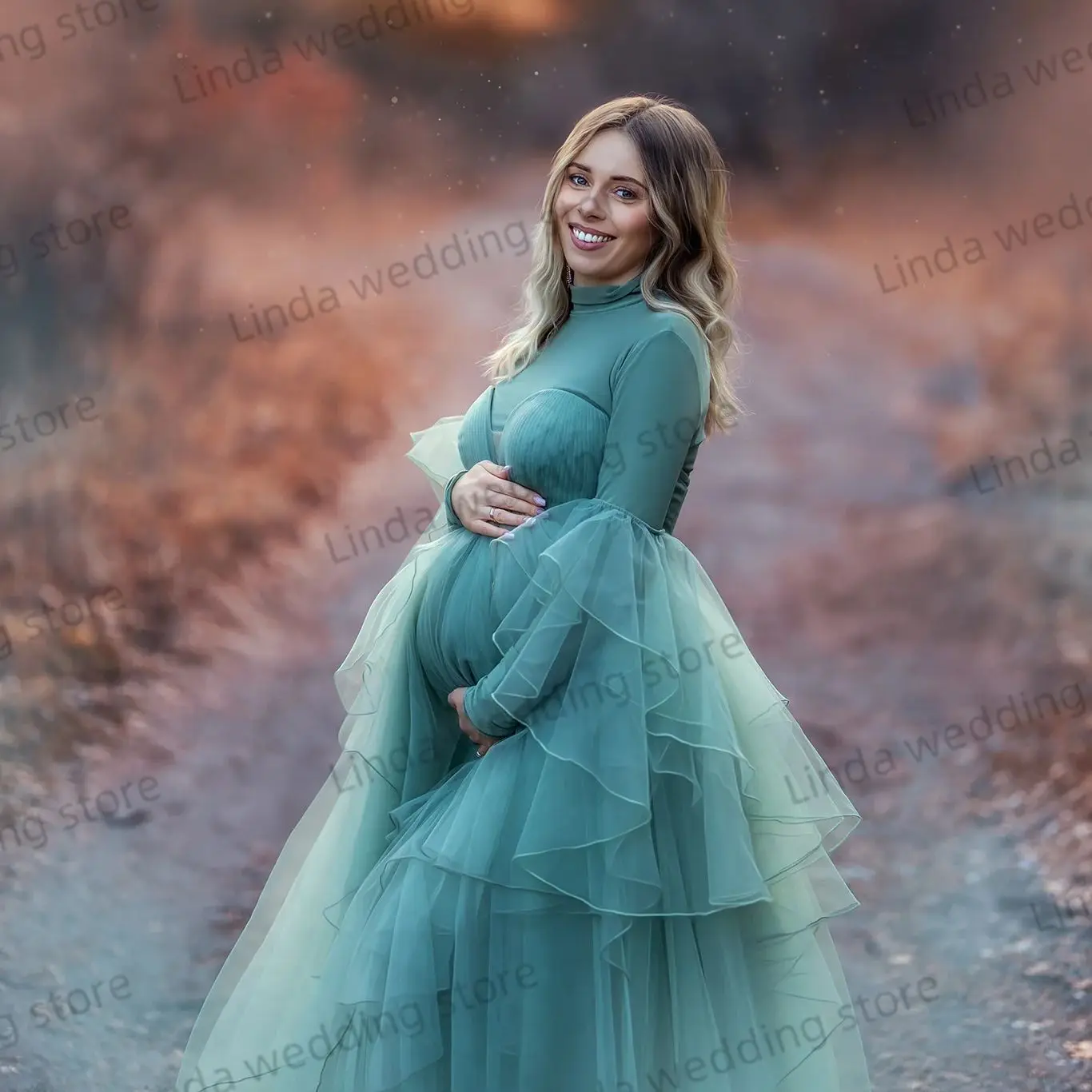 Modest Green Maternity Gowns High Neck Tiered  Pregnant Robes De Soiree Photography Props Shooting Women Babyshower Gowns