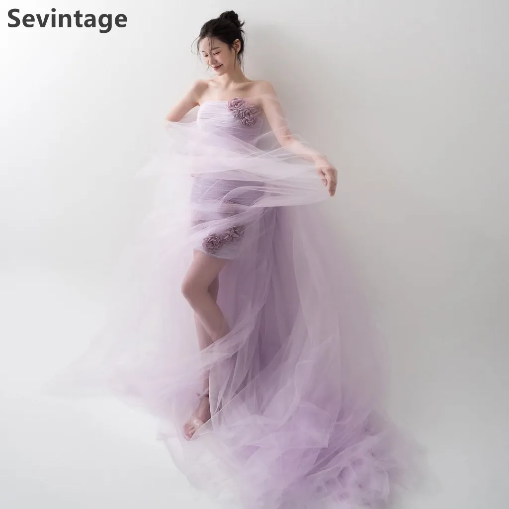Sevintage 2025 violet clair Tulle corée robe de soirée courte fleurs faites à la main sans bretelles robe de bal mode fête Fown personnalisé