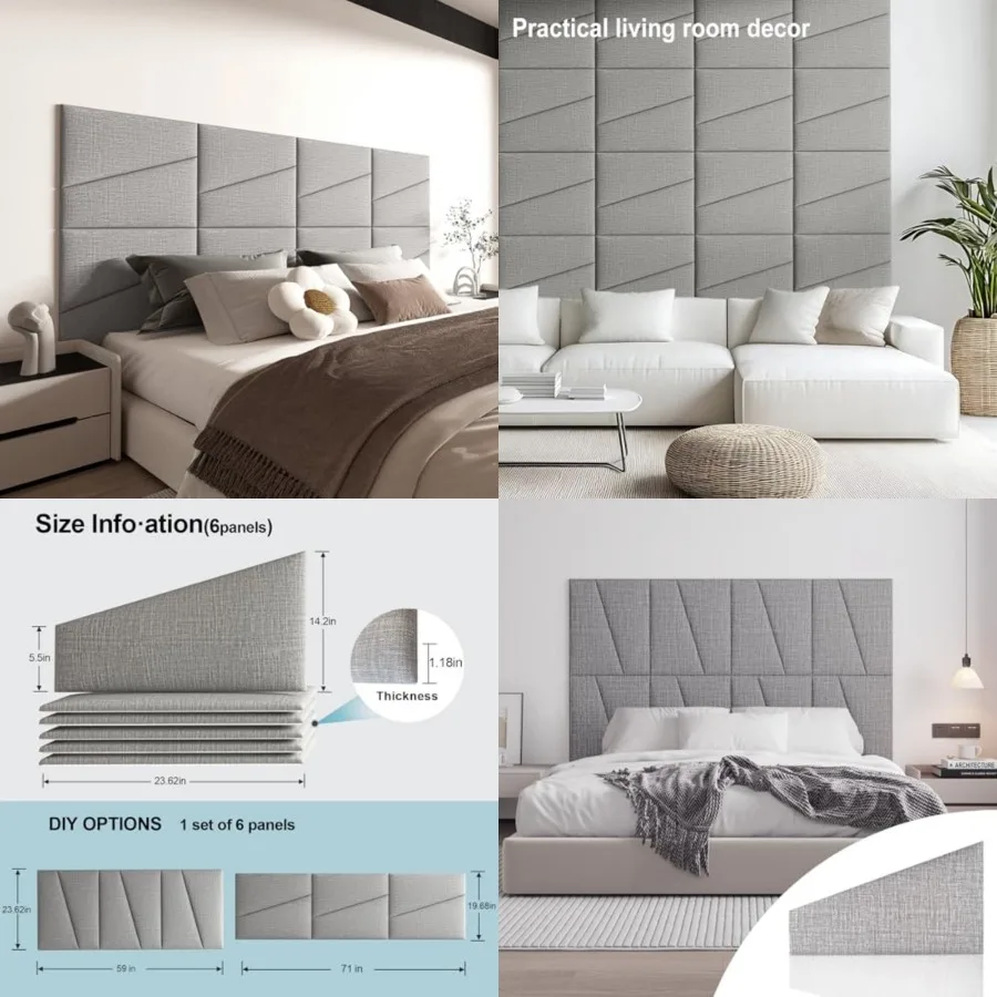 Peel and Stick Headboard for Bed Linen Fabric Upholstered Wall Mounted Headboard - Wall Padding Panel in Light Grey for Bedroom