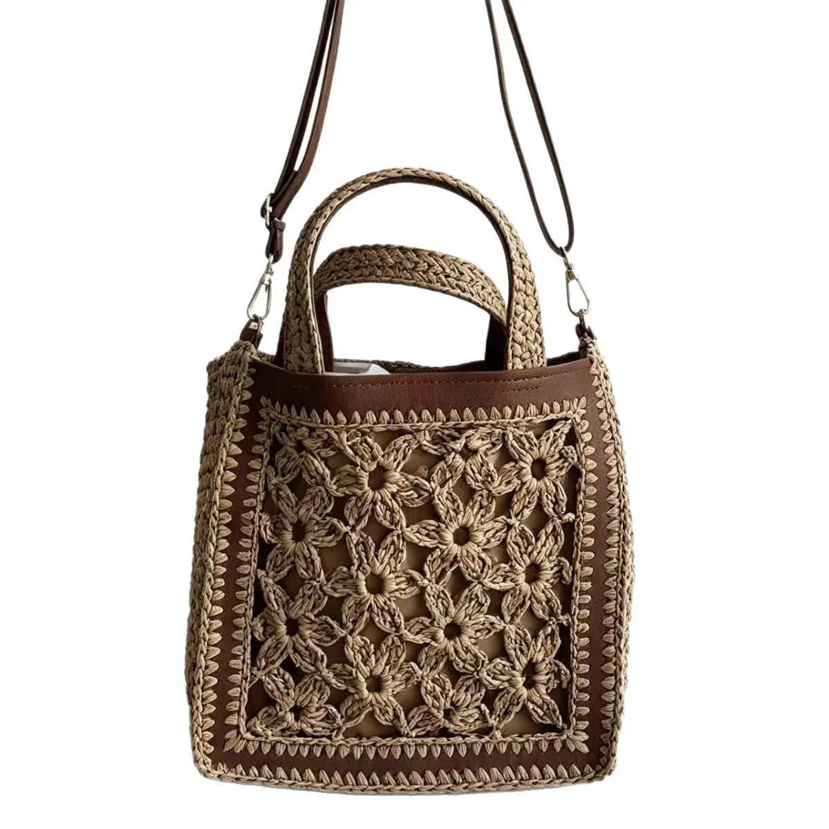 Bohemian Hollow Crochet Flower Straw Woven Bags for Women Bamboo Handle Portable Paper Rope Knitting Handbag Leisure Travel Tote