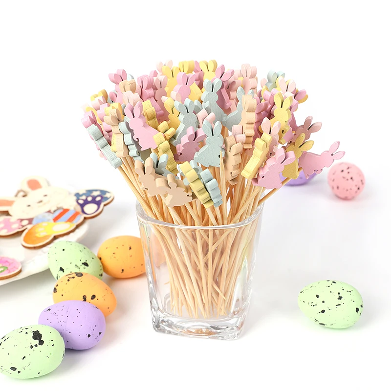 

100PCS Easter Bunny Disposable Bamboo Skewer Picks Cartoon Rabbit Sandwich Fruit Fork Cupcake Topper For Easter Party Decoration