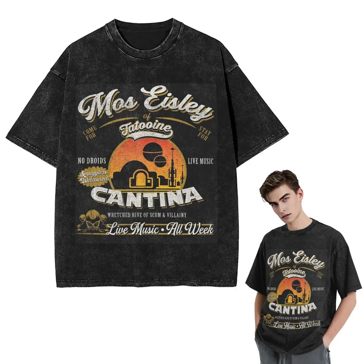 Streetwear T-Shirts Mos Eisley Cantina Tatooine Dk Washed T Shirt Short Sleeve Hip Hop T-Shirt Tops Tees for Men Women