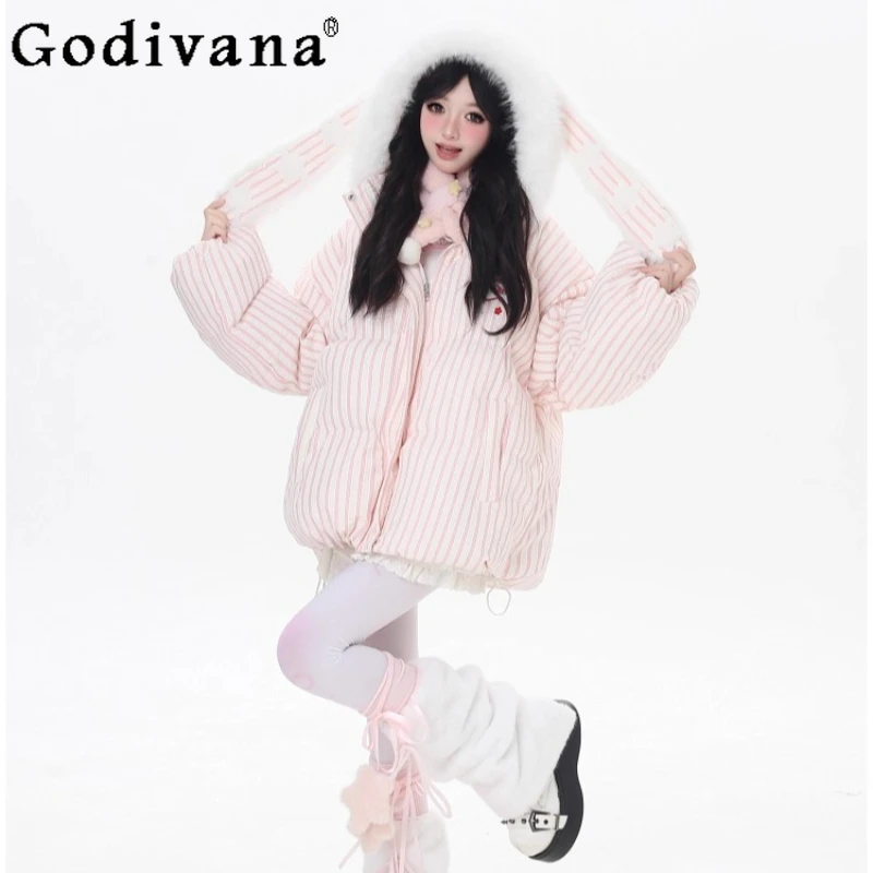 

Pink Blue Striped Rabbit Ear Plush Parkas Female Hooded Loose Design Puffer Jacket Women's Winter Japanese Style Parkas