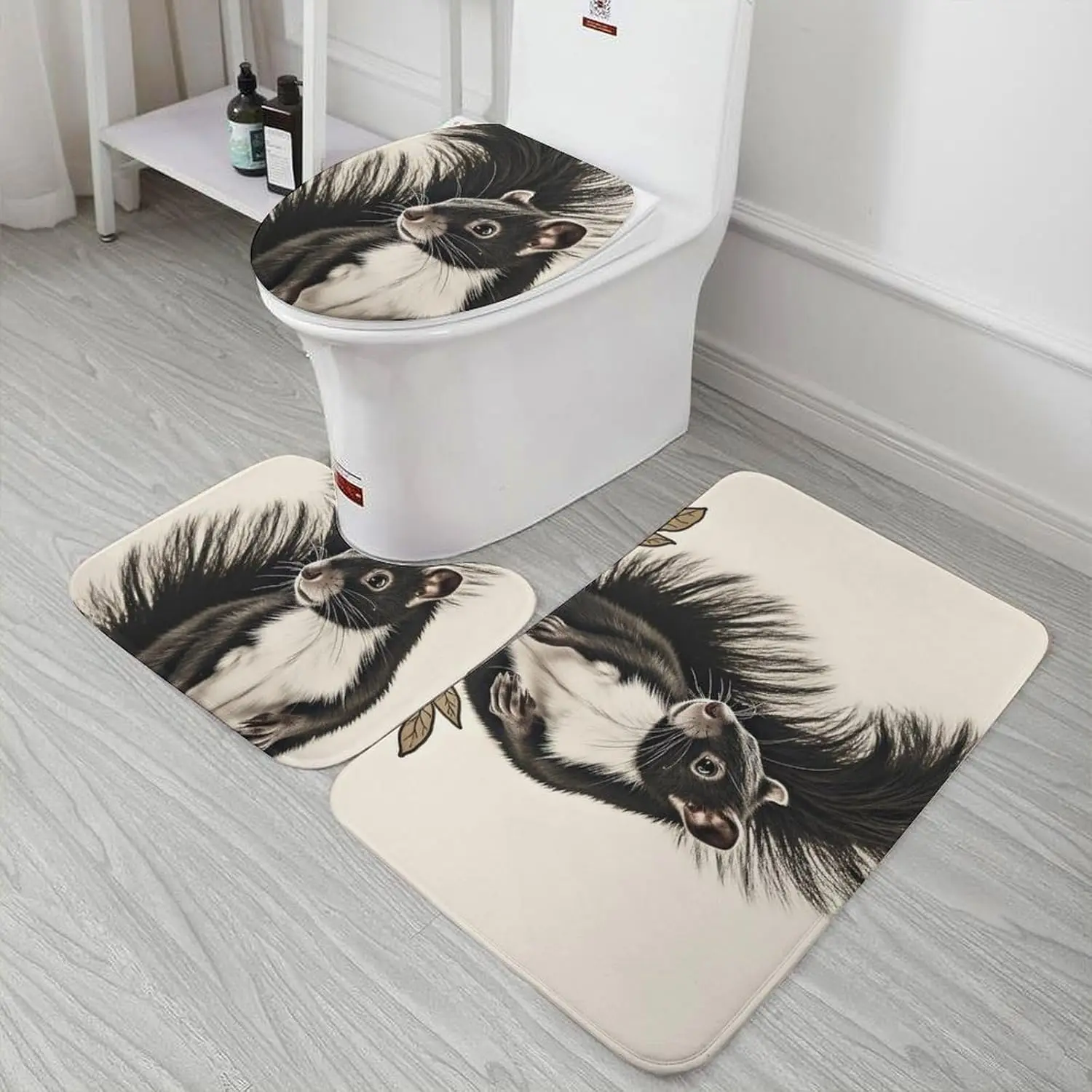 3 Piece Bath Rug Set Non Slip Absorbent Bath Mat Contour Mat with Toilet Lid Cover Skunk Soft Floor Mats for Bathroom