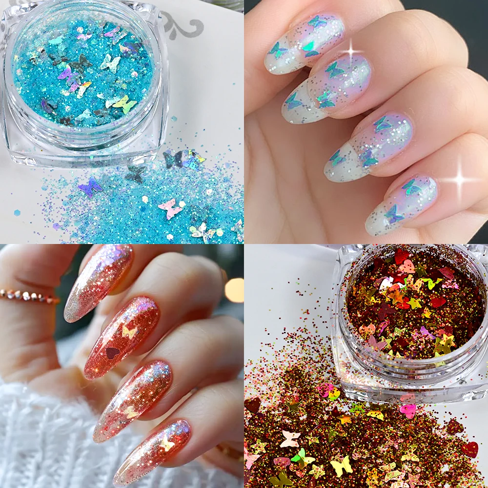 ผงกลิตเตอร์โฮโลแกรมลายผีเสื้อ ดาว พระจันทร์ 12 กล่อง ผสมผงวิ้งๆ สำหรับตกแต่งเล็บ ทำเล็บ DIY กลิตเตอร์เล็บ