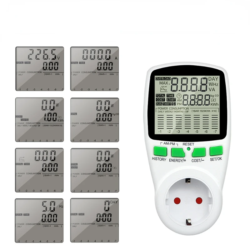 LCD Digital Energy Meter Wattmeter Wattage Electricity Kwh Power Meter Measuring Outlet Power Analyzer French EU US UK AU Plug
