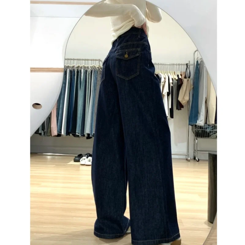 High Waist Wide Leg Blue Jeans Women plus Size Pear Shape Body American Style Loose Floor Length Straight Cut Denim Pants