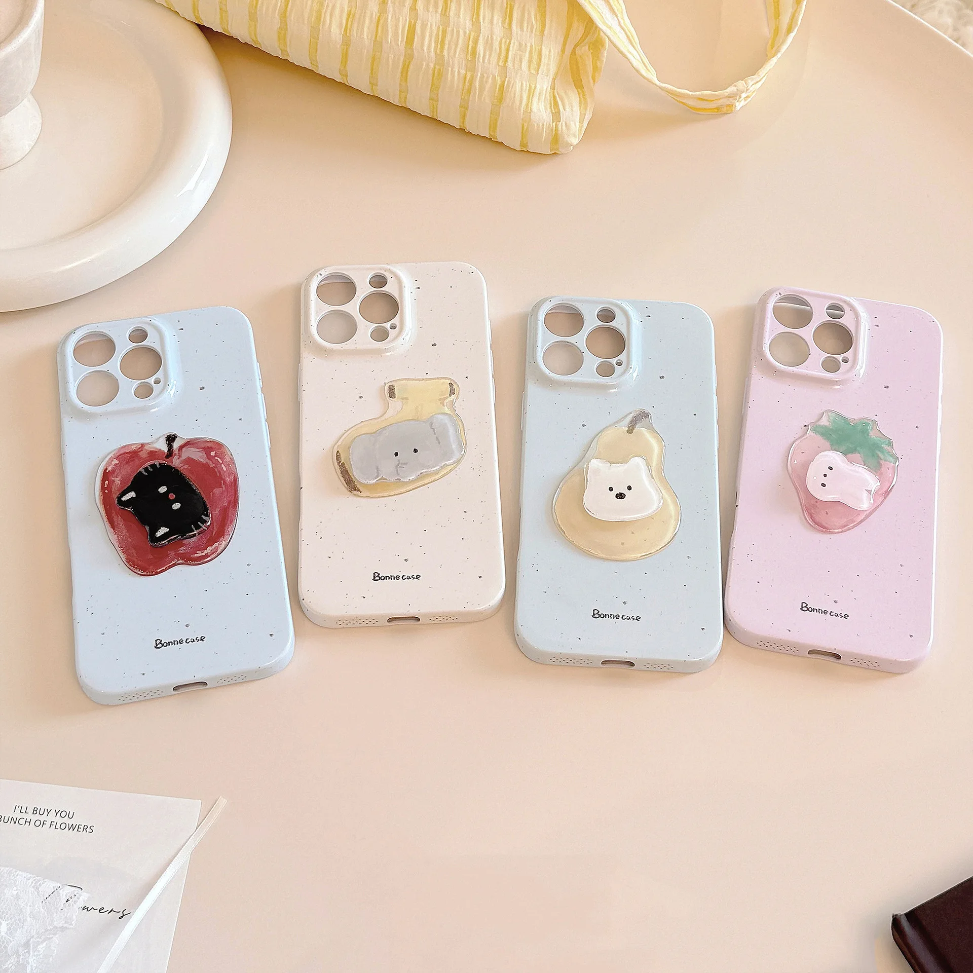 Koreanische Splash-tinte 3D Cartoon Obst Drehen Tiere Telefon Fall Für iPhone 17 16 15 14 13 12 11 Pro max XR X7 8 Plus Soft Cover