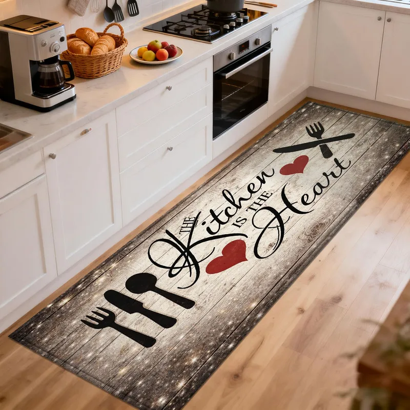VIKAMA Fork Heart Print Kitchen Runner Rug Non-Slip Washable Hallway Carpet for Entryway Bedroom Home Decor
