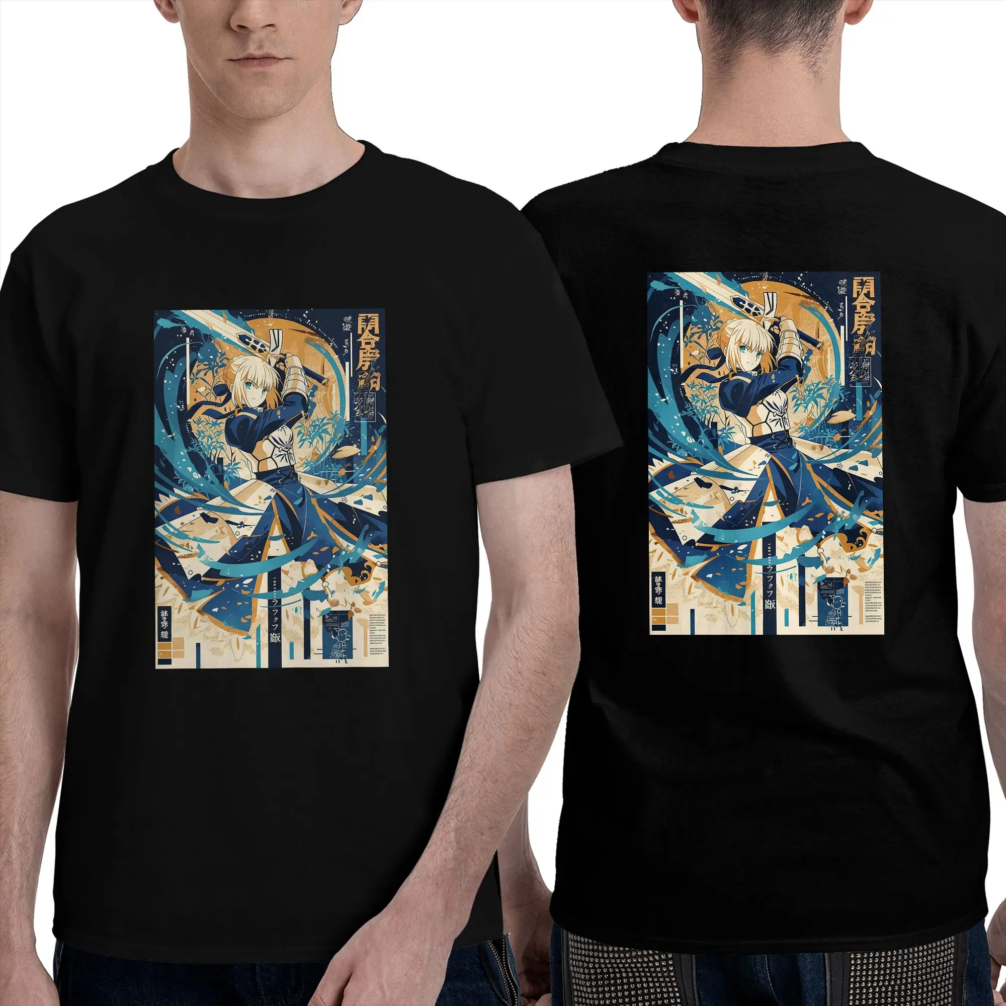 100% Cotton Saber Artoria Battle Ready Fate stay night anime T-Shirt Men's Double Sided T Shirt Men Summer Shirts Tops Oversized