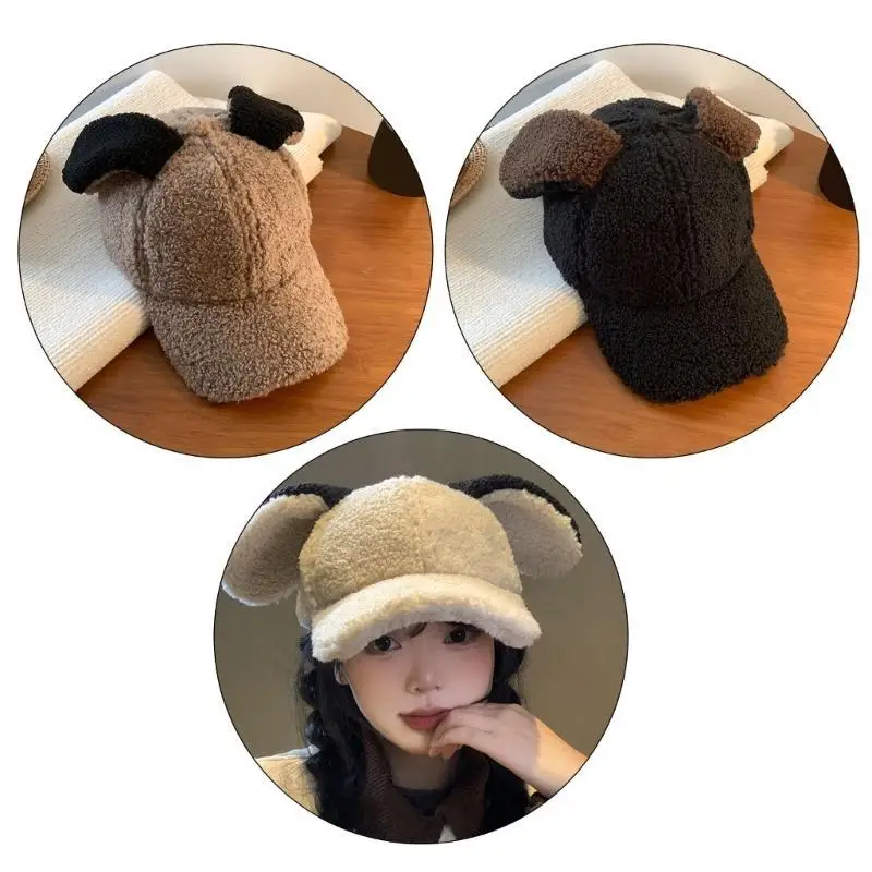 

652F Lop Ear Baseball Hat for Women Winter Warm Fleece Baseball Caps Casual Wear Hat Fashion Windproof Caps Lovely Accessories