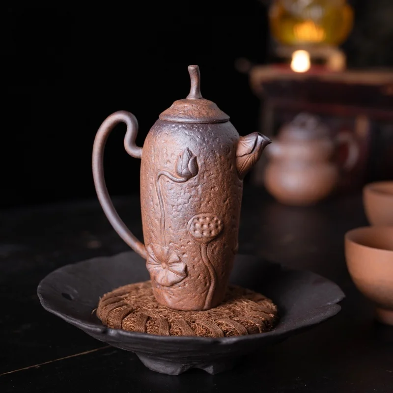 

90ML Old Rock Mud Lotus Teapot Rough Pottery Long And Thin Teapot Tea Set Retro Tea Making Pot Vintage Tea Kettle Tea Ceremony