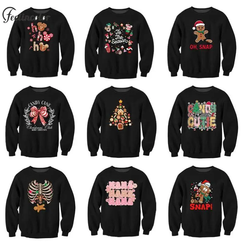 

Gingerbread Man Christmas Print Sweatshirt Xmas Tree Graphic Pullover Autumn Winter Casual Sweatshirts Holiday Couple Clothes