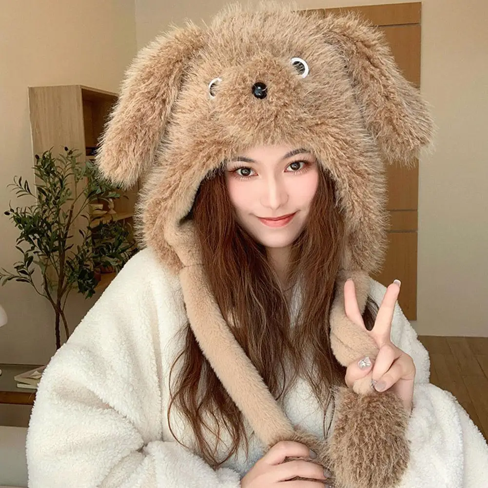 Funny Cartoon Dog Plush Hat with Long Ears Thick Warm Winter Women's Headgear for Eye Catching Fashion Street Style