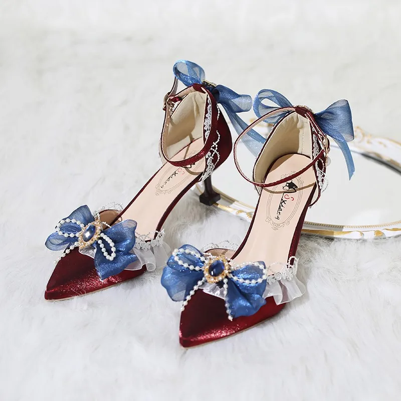 

Kawaii Tea Party French Sweet Girl Lolita High Heels Vintage Elegant Exquisite Wine Red Loli Bow Anime Cosplay Point Toe Sandals