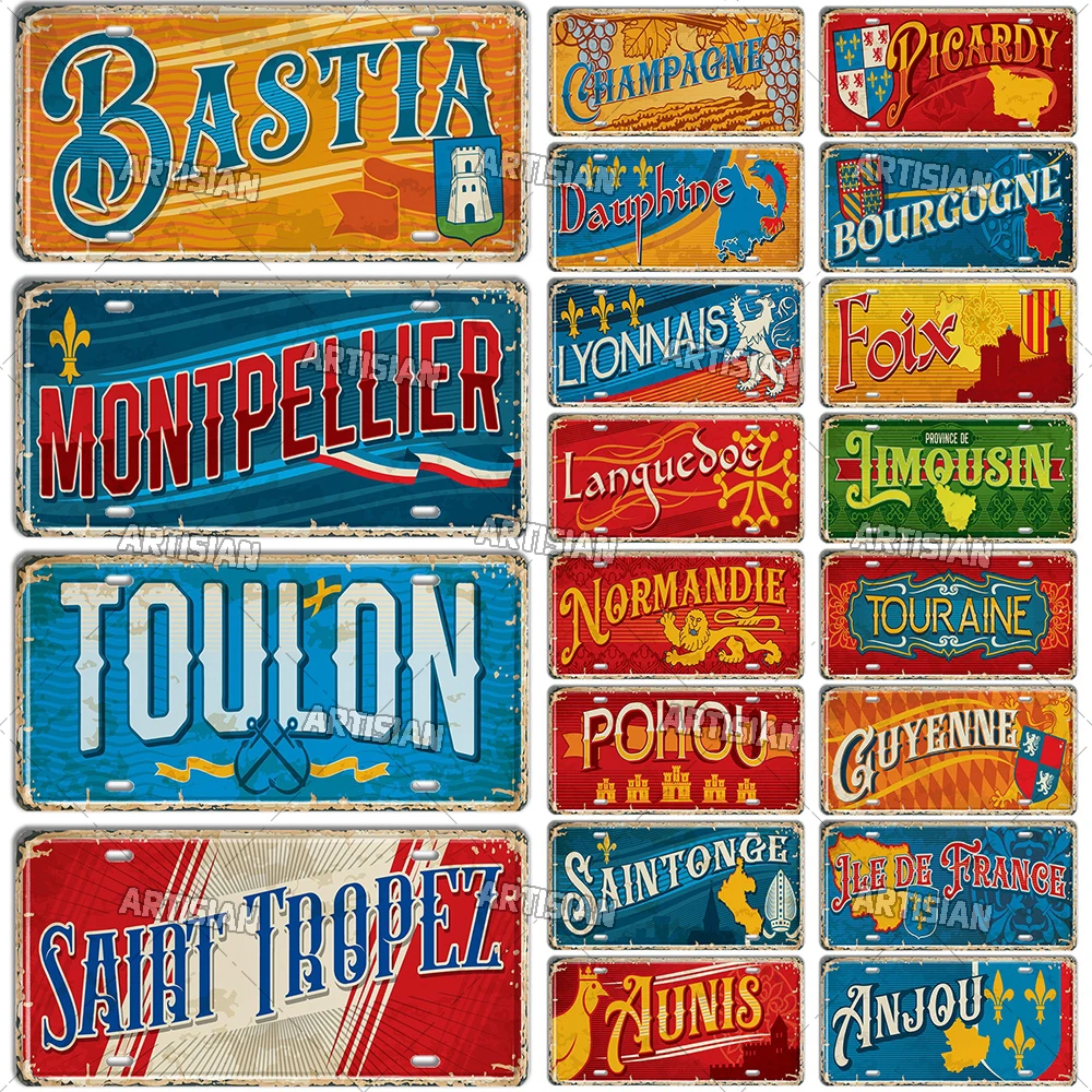 Artisian France Ctiy Metal Sign Province License Plate Landmark Travel Car Plate Decorative Tin Plaque Wall Decor Garage Bar Pub