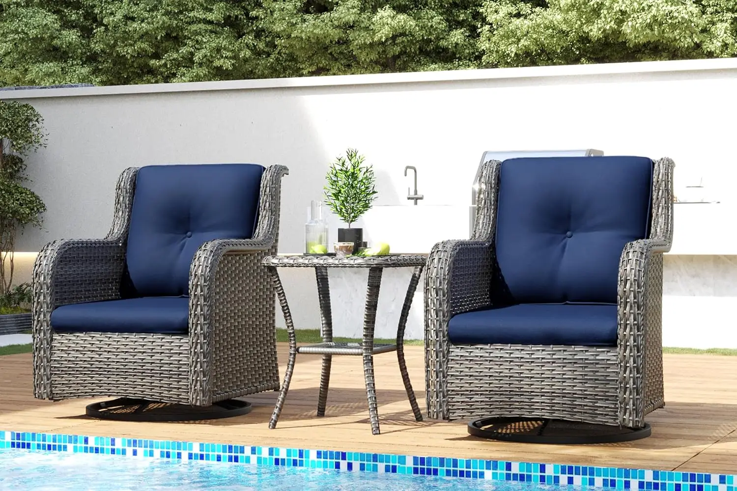 

Outdoor Swivel Rocker Wicker Chairs Set of 3, High Back Swivel Patio Chairs Wicker Furniture, 2PCS Rattan Chair with Side Table