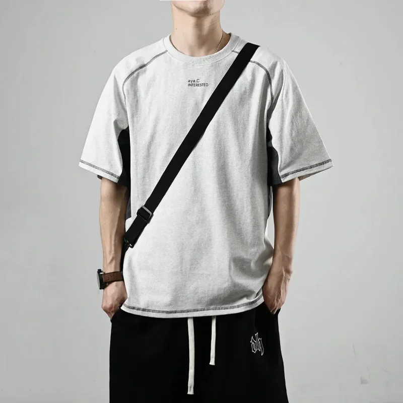 Trendy Short Sleeved T-shirt Men's Simple Summer Cotton Half Sleeved Top Japanese Patchwork Sports Casual T-shirt Fitness Design