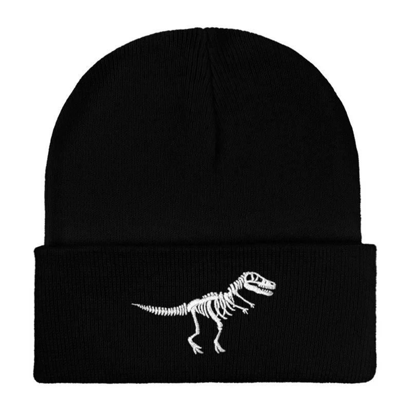 Dinosaur Skeleton Embroidered Beanie Hat Winter Cuffed Knit Skull Cap Tyrannosaurus Rex Skeleton Pattern Warm Hat For Men Women