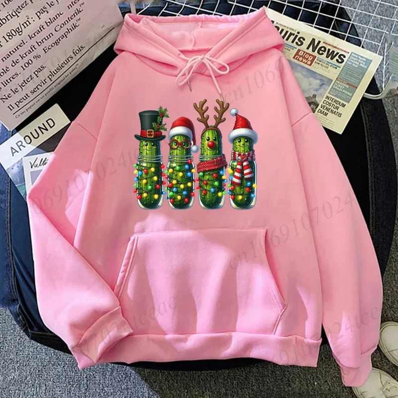 Funny Christmas Pickle Graphic Hoodies for Women Men Holiday Cucumber with Lights Print Sweatshirts Holiday Party Hoodies Gift