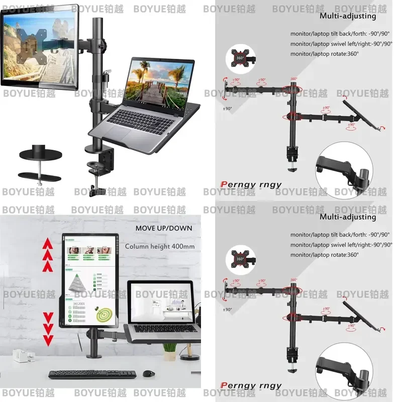 Adjustable Laptop Monitor Stand Dual Screen Desk Mount Rotating Metal Arm Clamp Holder for 10 to 27 Inch Display Ergonomic