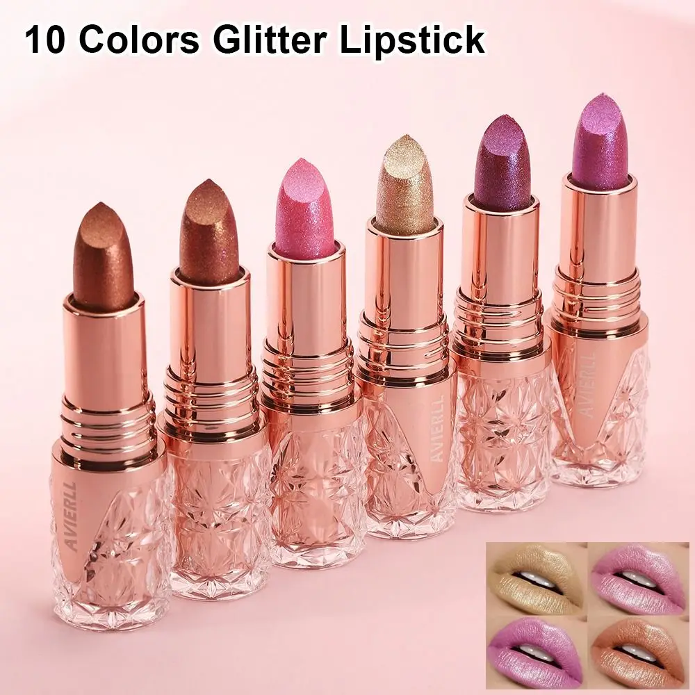 1 pçs 10 cores glitter batom de longa duração areia movediça lábios dourados maquiagem à prova dwaterproof água hidratante sedoso perolado matiz labial