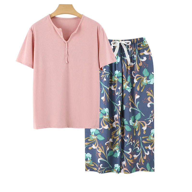 Loose V-Ne ort Sve Knitted Cotton Silk Home Spwear Set Comfortable Breathable Summer Base irt Wide Leg Pants