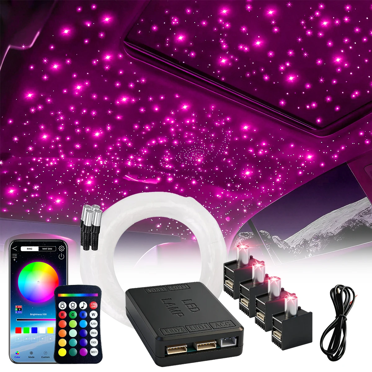 RGBW 12V 16W 2026 New 1/2/4 Split Starry Sky Atmosphere Light APP Control Fiber Optic Car Starry Sky Ceiling Roof Kits