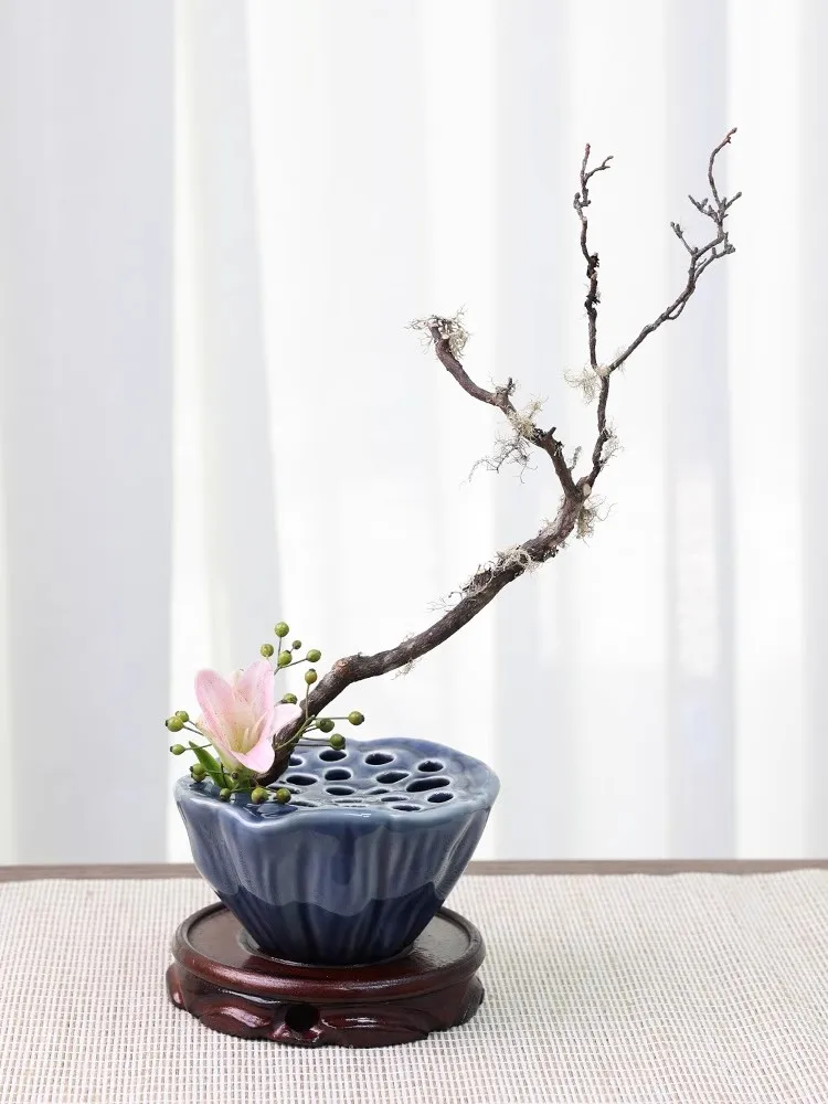 Ceramic Lotus Seedpod, Japanese Ikebana Flower Arrangement Vase, Tea Table, Desktop Small Flower Pot Plate Decoration