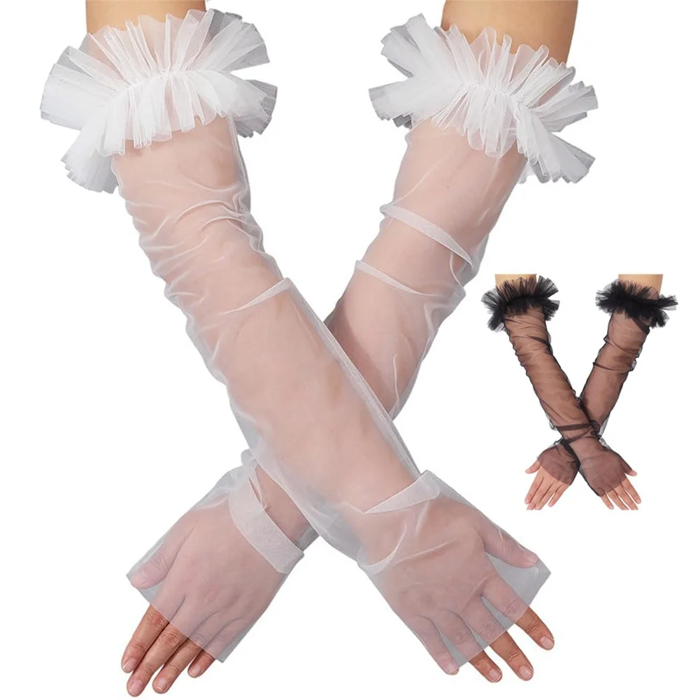 Ruffled Cuffs Mesh Sleevelets Gloves Black White for Bride Wedding Opera Halloween Party and Formal Dress Accessory