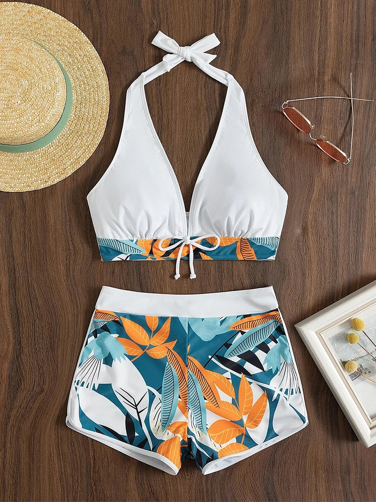 Conjunto de Bikini con cuello Halter para mujer, traje de baño corto de cintura alta, bañadores estampados para mujer, ropa de playa 2023