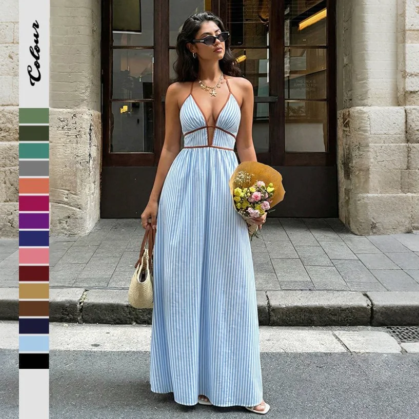 Robe longue dos nu sexy pour femme, col en V profond, rayée, style halter, pour la plage et les vacances, mode estivale sans manches