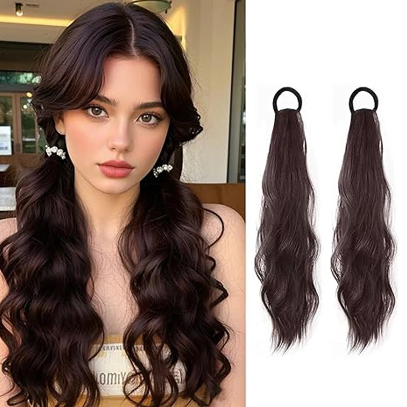 

2PCS Curly Ponytail Extension with Elastic Tie 18'' Synthetic Natural Wavy Hairpiece Pony Tail Hair Wave Fake Ponytail for Women