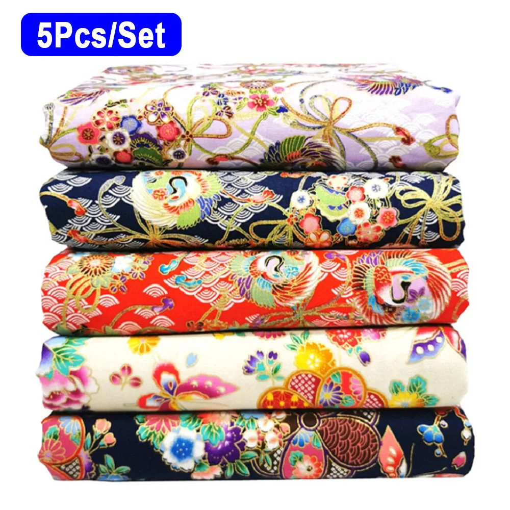 5PCS Japanese Fabric Cherry Blossom Bronzing Cotton Fabric Material Craft Kimono DIY Patchwork Sewing Dolls Bag Needlework Cloth